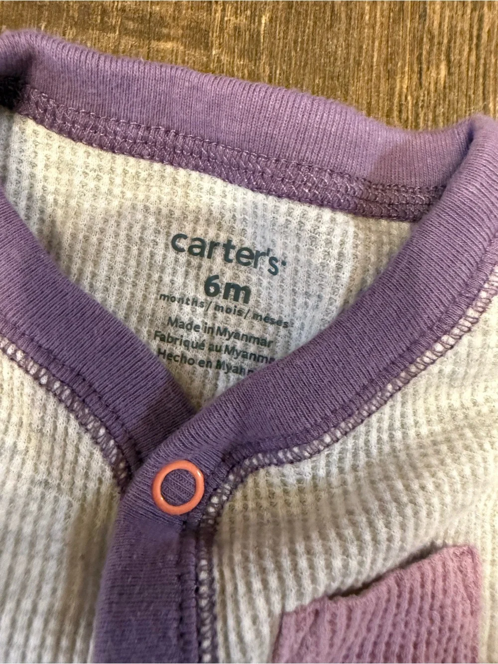 Carter's Neutral Waffle Knit Footed One-Piece with Purple Trim and Orange Sleeve